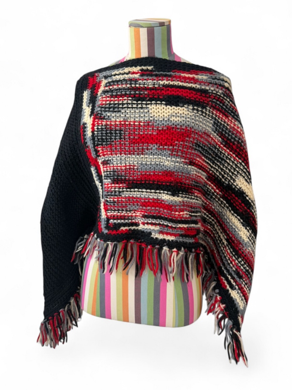 Handmade Knit Chunky Short Poncho Striped Fringe